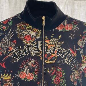 Ed Hardy woman’s Multicolor Graphic Bomber track Jacket cropped gold accents